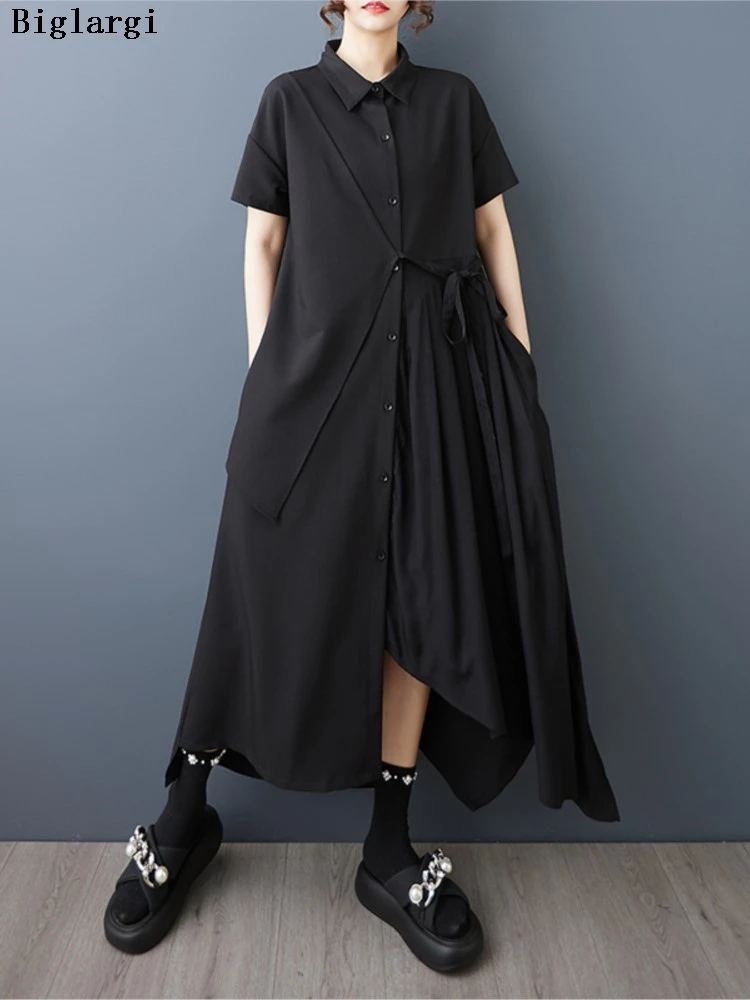 

Oversized Summer Shirts Dress Women Irregular Pleated Patchwork Fashion Ladies Shirts Dresses Loose Casual Woman Dress