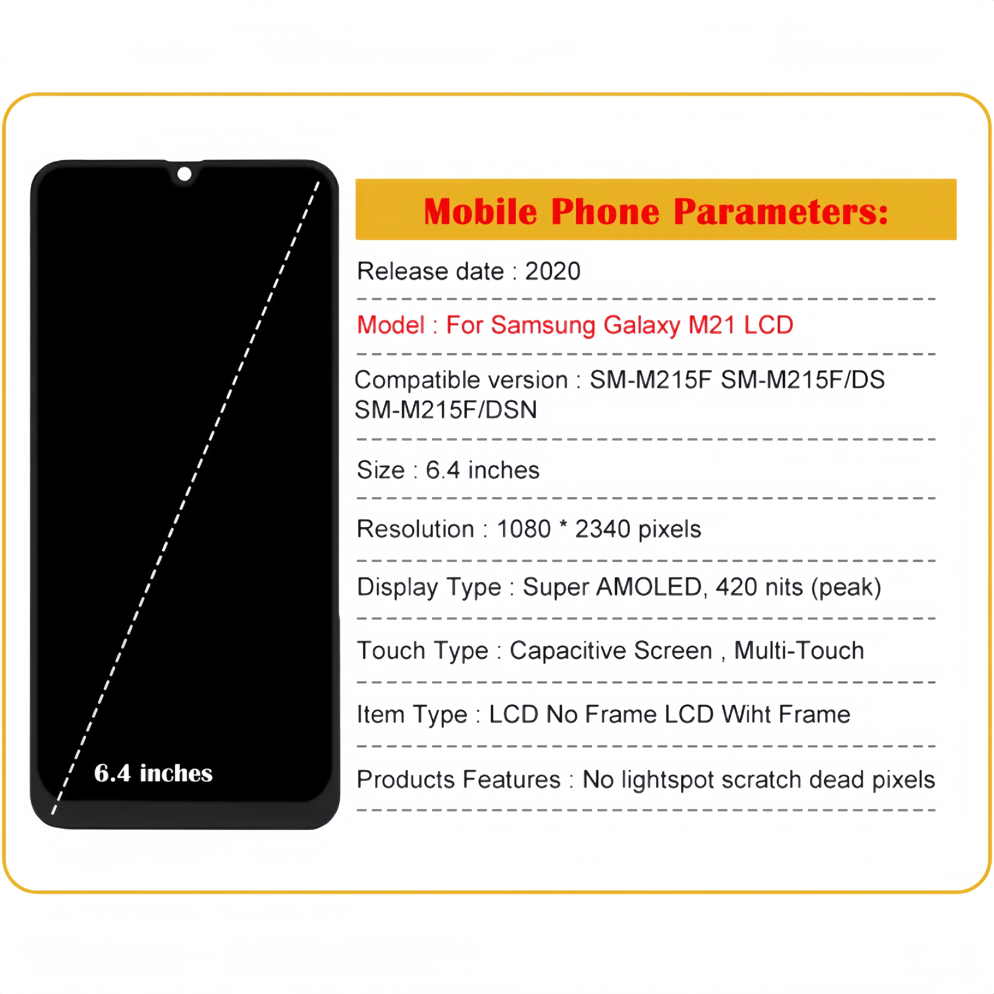 LCD Display Touch Screen Digitizer Assembly Replacement, Samsung Galaxy M21, M215, SM-M215F, M215F-DS, M215F-DSN