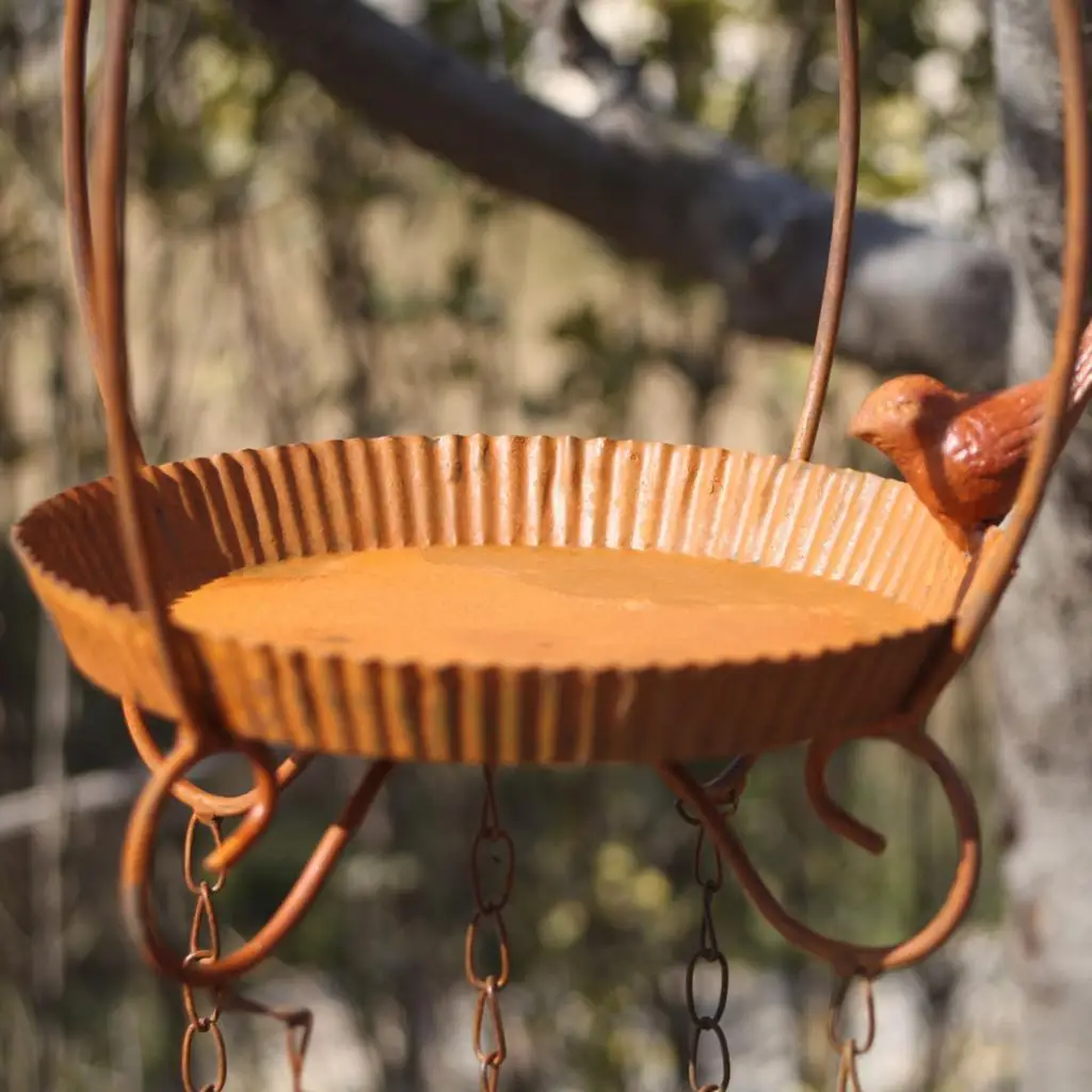 Iron Wild Bird Seed Feeder Hanging Tray with Wind Chime Decorative Birdbath for Patio Garden Outside