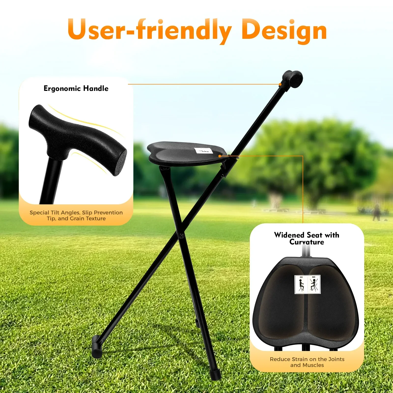 Multi-functional Foldable 3-Leg Cane Stool for Elderly, Portable Walking Aid w/ Tri-Leg Support, Lightweight Mobility Assistant