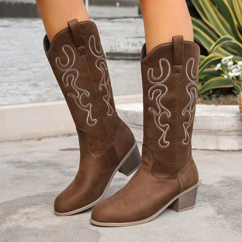 

Fashion Western Women Knee High Boots Large Size Party Shoes Ladies Winter Embroidery Cowboy Boots Outdoor Luxury Ankle Boots