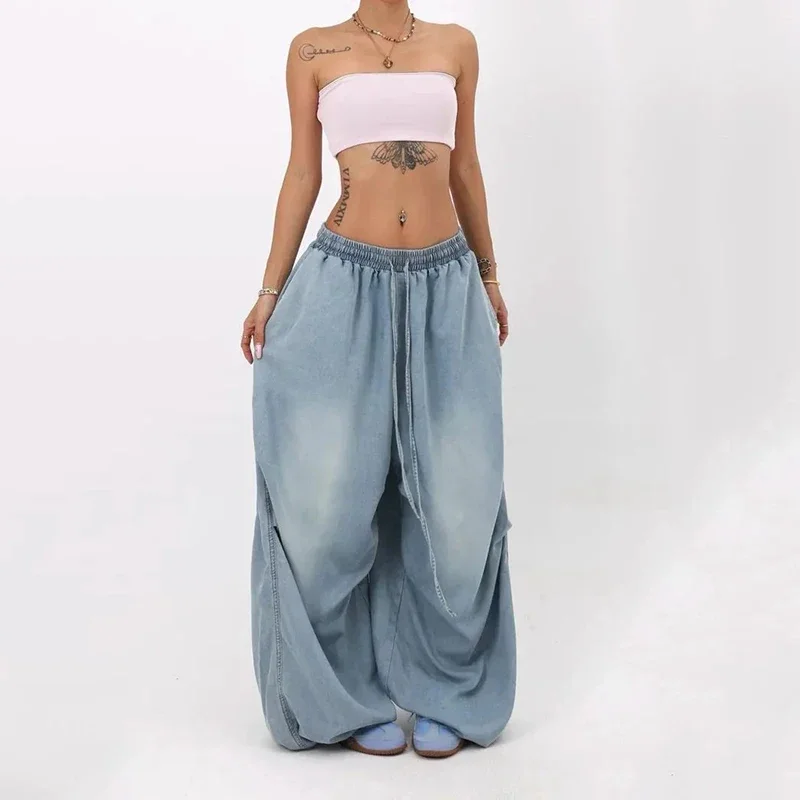 

Autumn Oversized Women Wide Leg Jeans Y2K Hip Hop Streetwear Loose Denim Pants High Waist Drawstring All Match Straight Trousers