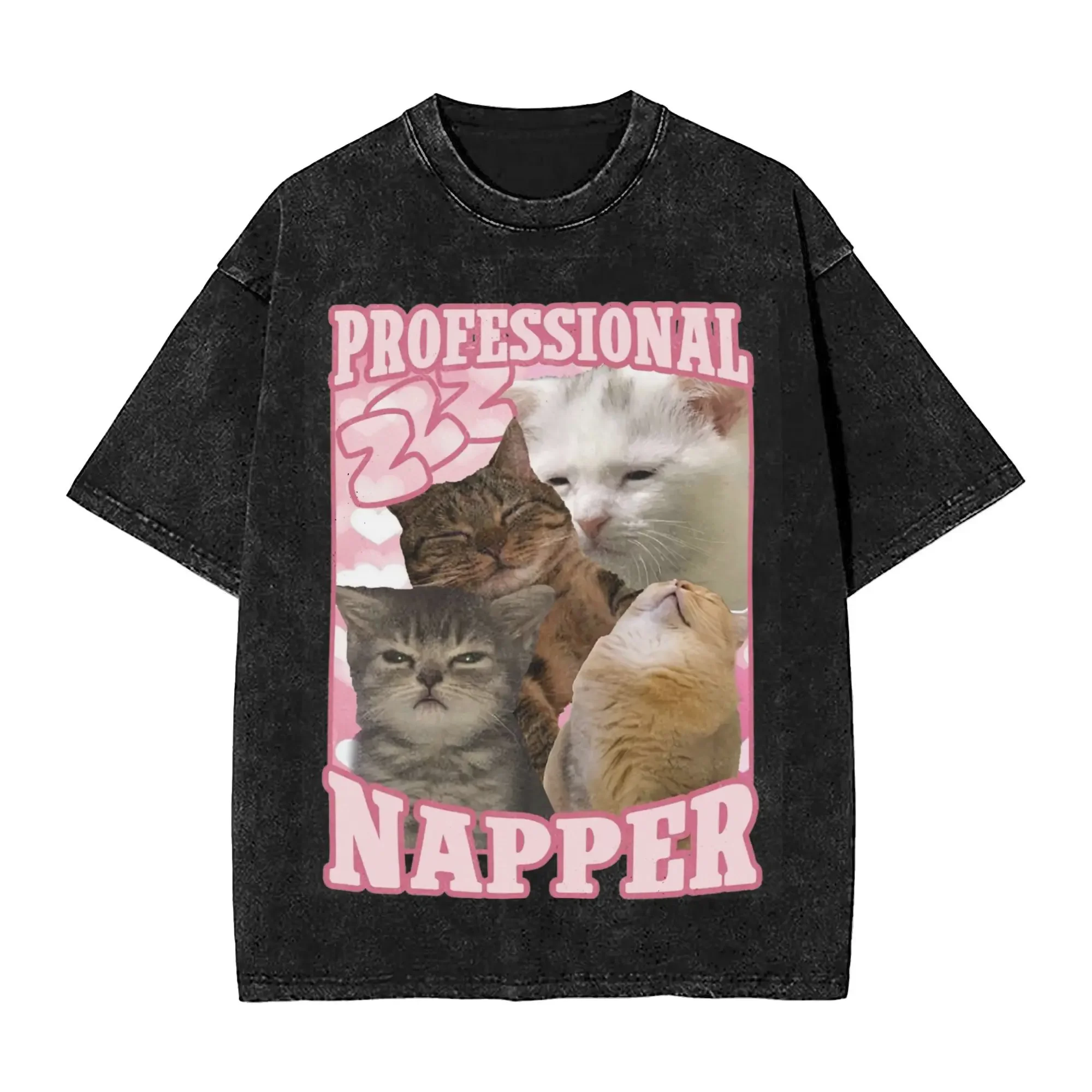 Fashion Women Men Professional Napper Funny Cat Memes Tee Shirt Oversize Washed  T Shirts Clothes