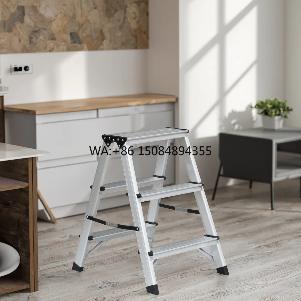 Modern 2-Step Thickened Aluminum Folding Iron Ladder Anti-Slip Indoor Herringbone Stair for Kitchen Apartment School Workshop