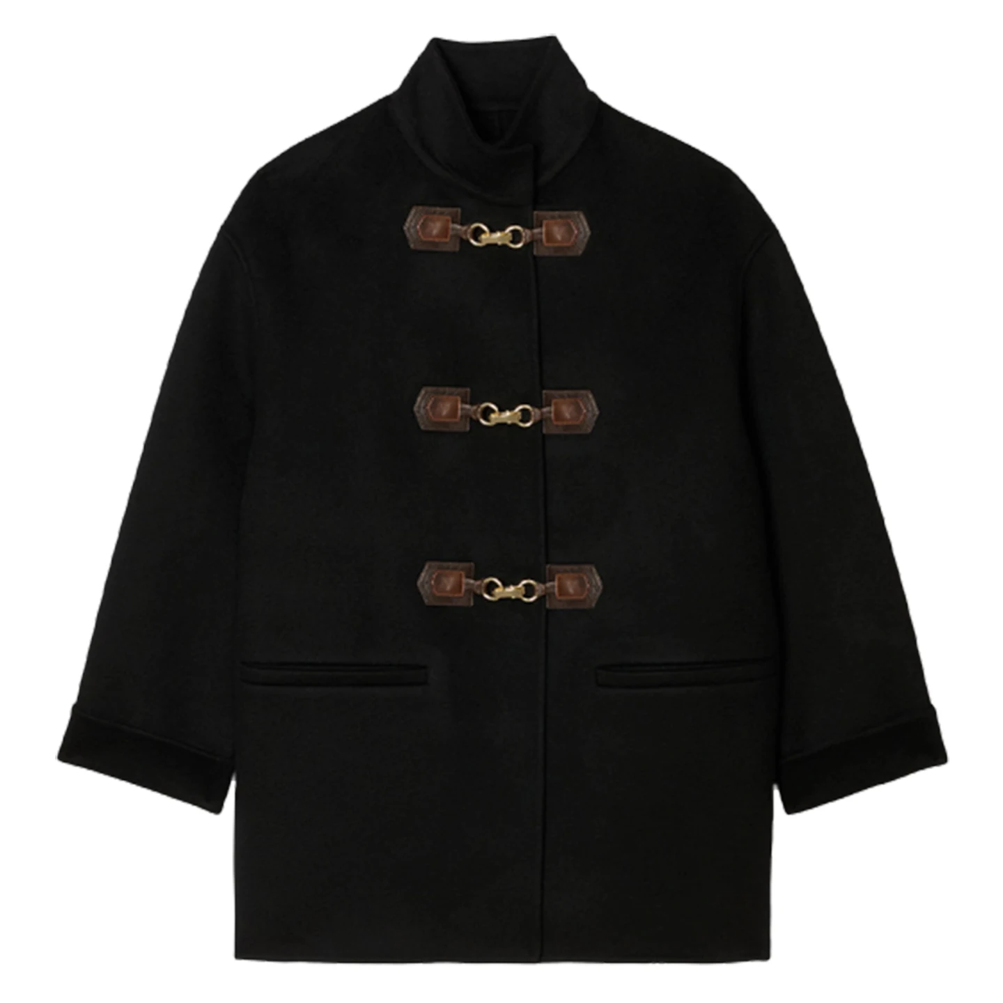 M Home Otoño Invierno Abrigo de lana retro para mujer Cuello alto Cuero Metal Bule Thiened Prendas de abrigo de punto OL Sle Long Sl...