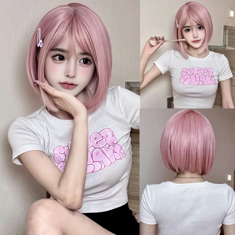 Synthetic Wigs Natural Pink Bob with Bang Short Straight Colorful Cosplay Hair Wig for Women Daily Party Heat Resistant