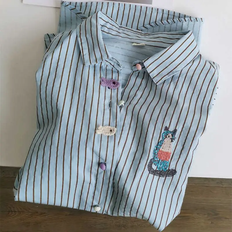 

Femme Spring Summer Korean Fashion Plaid Collar Women Shirts Trend Vintage Embroidered Striped Cotton Long Sleeve Cardigan