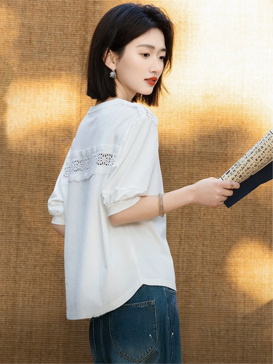 Oule Lazy Style Summer T-Shirt Short Front Long Back Cotton Polyester Blend round Neck Short Sleeve Solona Water Soluble Lace...