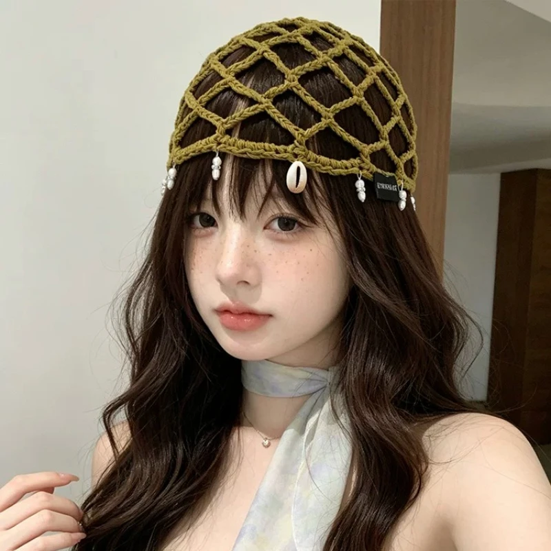 New Handmade Shell Beaded Tassel Pullover Hats for Women Summer Travel Light and Breathable Versatile Atmosphere Retro Beanies