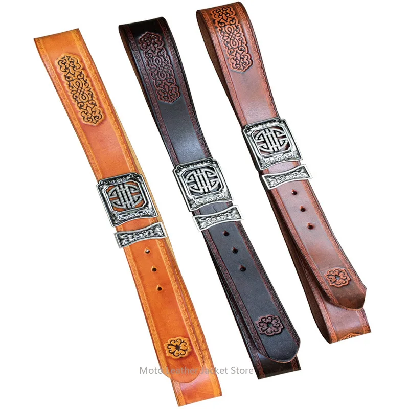2026 New Ethnic Style Genuine Leather Belt, Personalized Embossed Carved Unisex Strap, Mongolian Style Waistband
