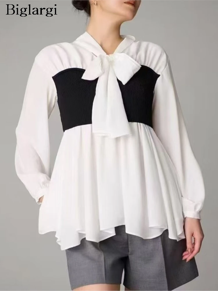 

Осенние топы, женские вязаные шифоновые лоскутные тонкие эластичные модные женские блузки с рюшами, плиссированные свободные женские топы в корейском стиле