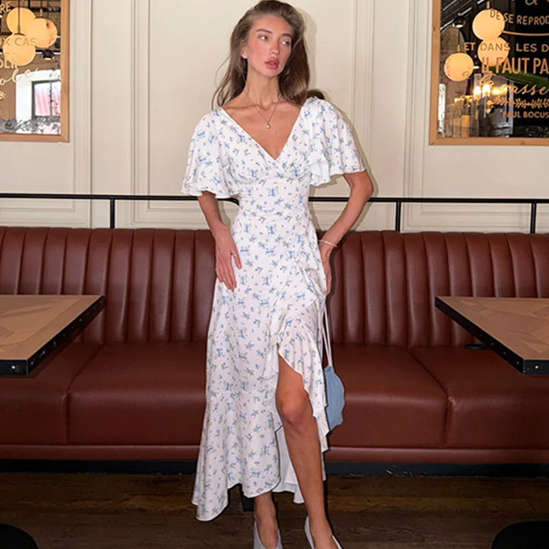 Ticketsx Fashion Printed Split Women's Dress Sexy V Neck Contrast Ruffles High Waisted Slim Dress Elegant Vacation Street Dress