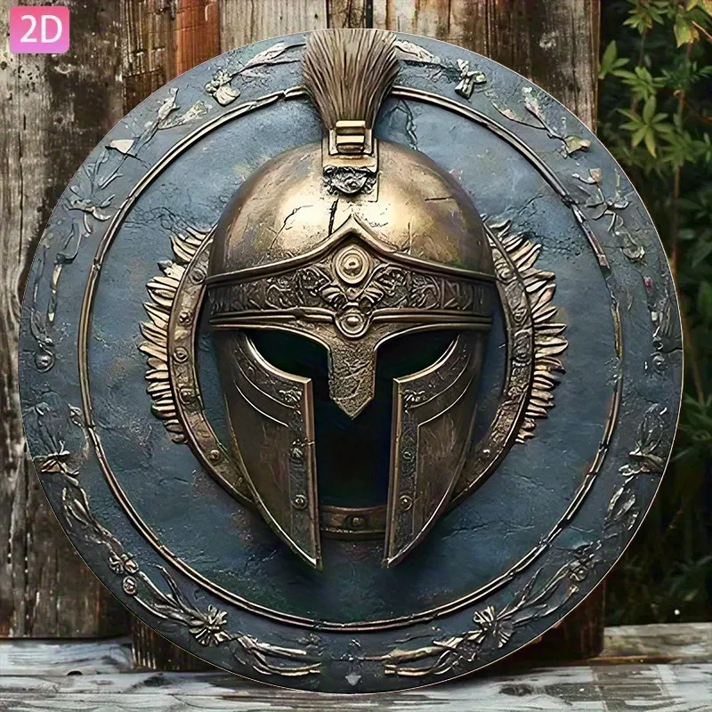 Decoración de Pared de Metal con Armadura Espartana - Placa de Escudo de Batalla Griega en 2D, Letrero Vintage de Aluminio para Hogar, Bar, Cafetería, Jardín, Exterior