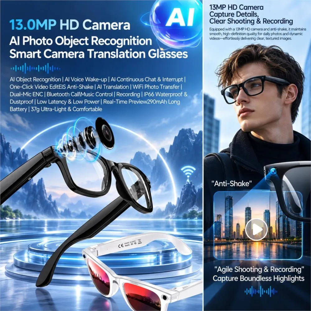 AI Smart Glasses 13MP Camera Photo Recognition AI Chat Video Recording Eyeware Bluetooth Call Music Anti Blue Light Photochromic