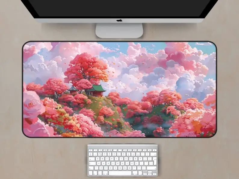 Pink Cherry Blossom Desk Mat, Non-slip and Waterproof Mouse Pad, Office and Gaming Desk Decor Mat, A Perfect Gift for Friends.