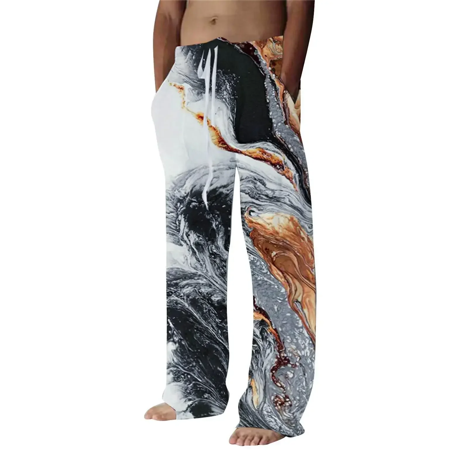 Pantalones informales con estampado de bloque de color contrastante para hombre, ropa holgada de lino, comercio electrónico, cruce de bordes de Amazon, novedad de verano