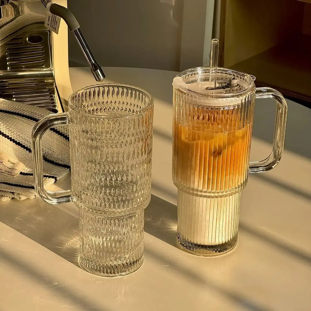 Copo de Vidro Portátil de Grande Capacidade com Canudo, Alça Durável, Copo Transparente com Tampa Selada para Uso no Escritório