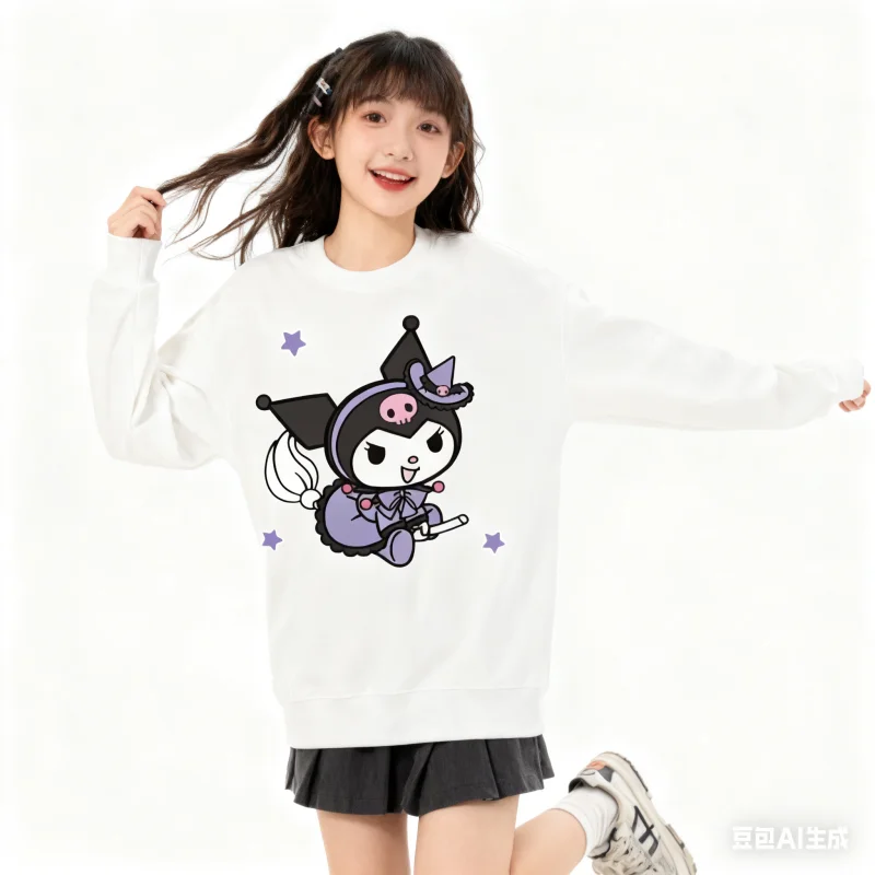 

2025 Sanrio Series Printed Crew Neck Long-Sleeve Top, Cute and Warm Fleece-Lined Crew Neck Long-Sleeve T-Shirt, 100% Cotton