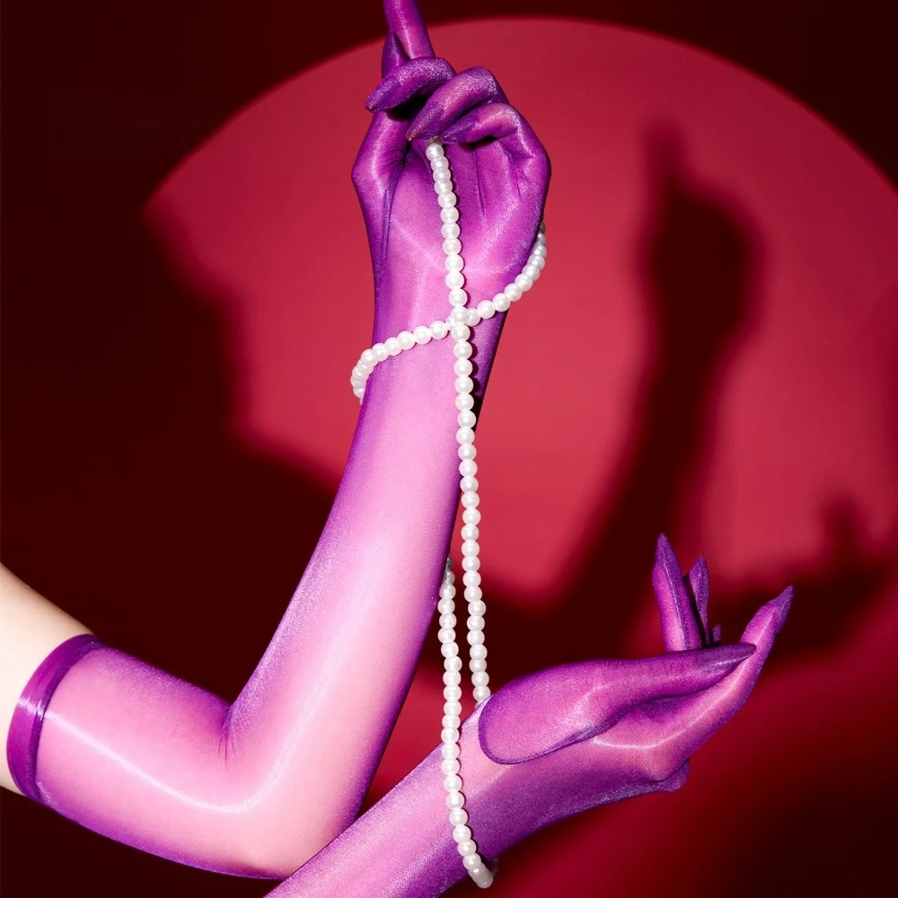 Stretchy Polka Dot Five Finger Gloves Oil Shiny Smooth Long Gloves Stretchy Tight Sun Protection Gloves Evening Wear