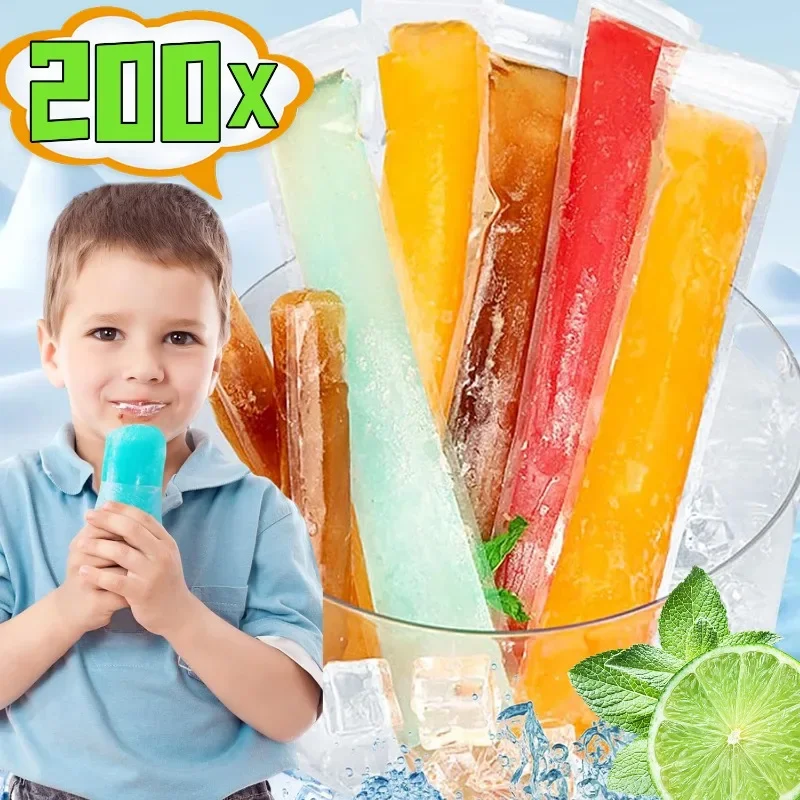 200/50PCS Disposable Ice Popsicle Bags DIY Ice Cream Pops Fruit Juice Smoothies Yogurt Ice Pop Mold Bag with Funnel Kitchen Tool