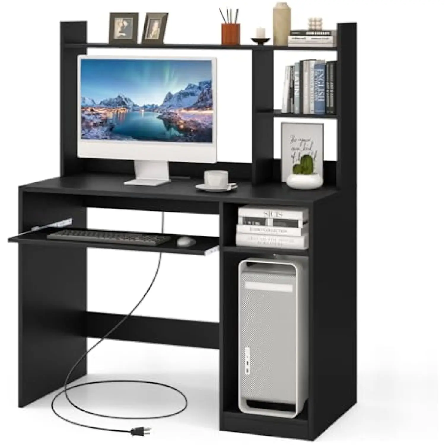 

Computer Desk with Hutch, Wood Home Office Desk w/Keyboard Tray, CPU Stand & Power Outlet, Space-Saving Laptop PC Desk, Modern