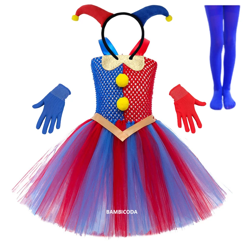 Película el increíble circo Digital Pomni disfraces de Cosplay para niñas, vestido de tutú de princesa, conjunto de guantes, ropa de fiesta de Carnaval de Halloween