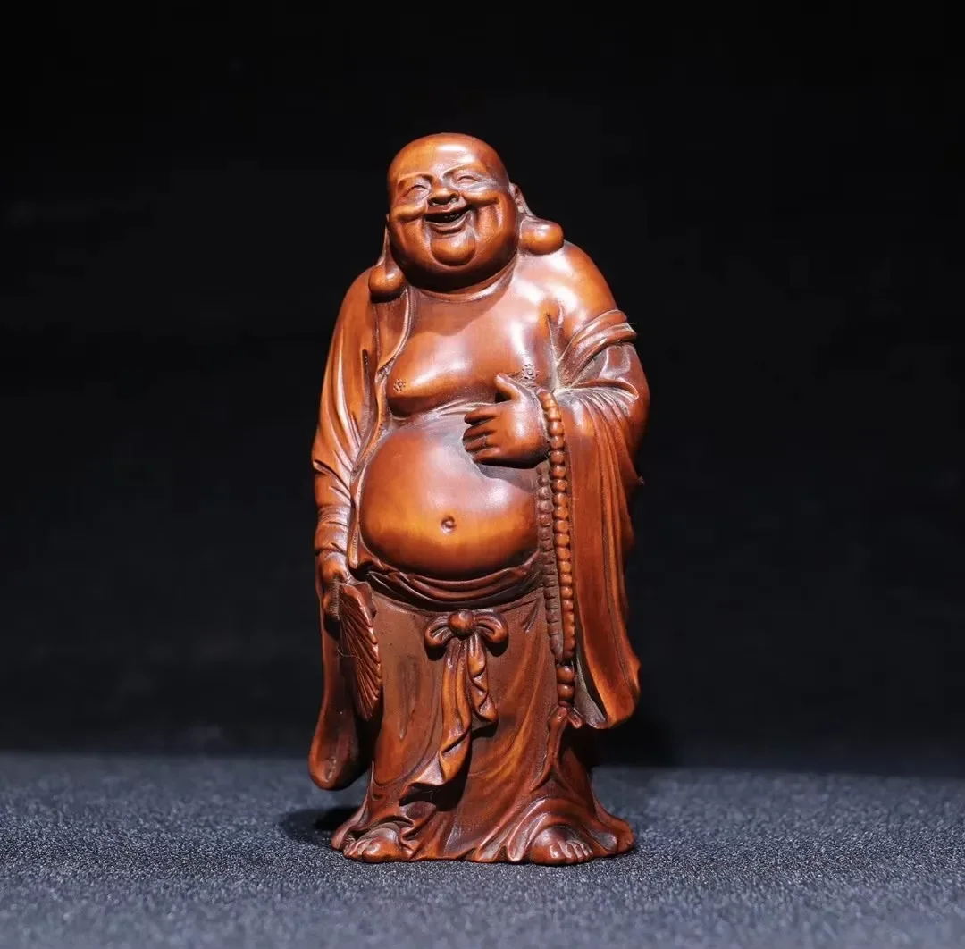 

Natural Solid Wood Laughing Buddha Station Maitreya Buddha Statue Sculpture Handmade Wood Carving Buddha Statue Decoration Statu
