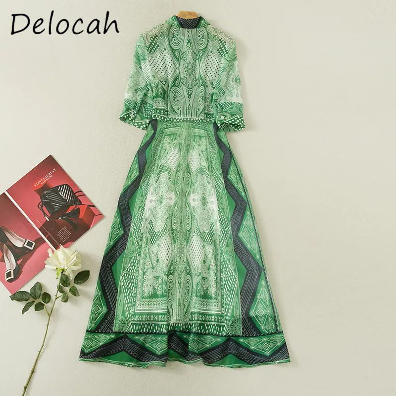 Deloach Primavera/Verano moda mujer cuello abatible solo pecho estampado geométrico con cordones media manga vestido de longitud media