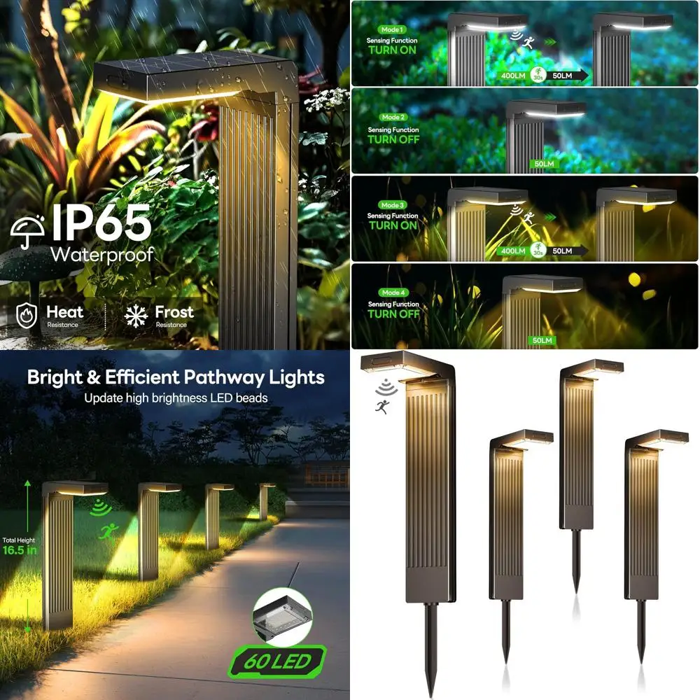 

Solar-Powered 4-Piece Path Lights with Dual Color & Motion Sensor, 400LM, 12H, IP65 Waterproof for Outdoor Garden & Yard Illumin