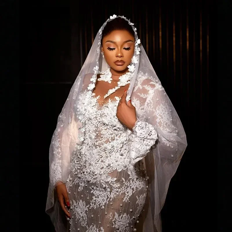 Robes de mariée Aso Ebi personnalisées, grande taille, style sirène, col haut, manches longues, robes de mariée élégantes pour femmes noires africaines, dentelle