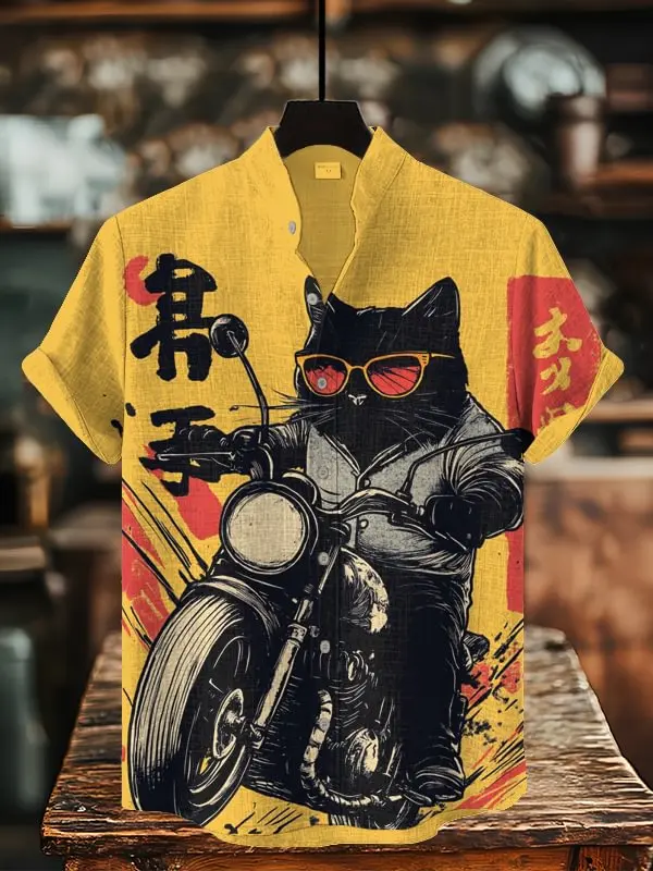 

2025 мужские рубашки в японском стиле с принтом кота-мотоциклиста, праздничная гавайская рубашка с 3D принтом, летняя женская блузка с коротким рукавом, повседневный пляжный топ