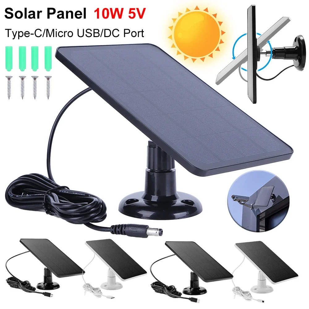 10W 5V Solar Panel Micro USB Type-C DC Port 360°Adjustable Solar Outdoor Cells Charger for Security Camera/small Light System