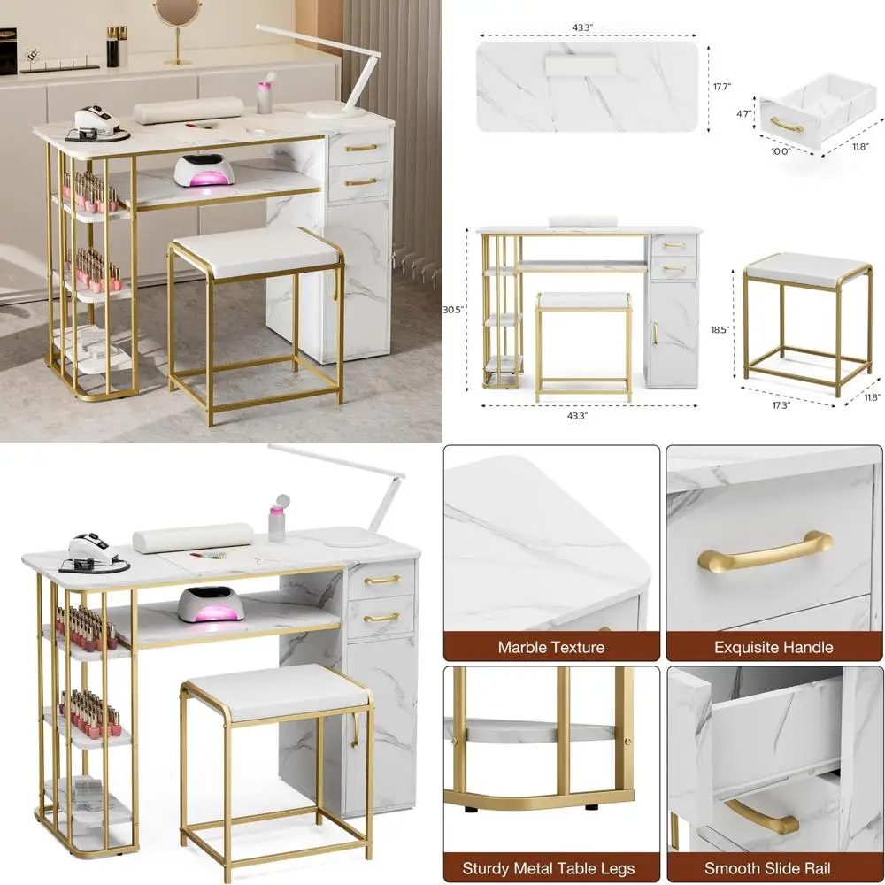 Ensemble table de manucure et tabouret à structure métallique avec rangement pour techniciens d'ongles, comprenant 2 tiroirs et étagères à 3 niveaux, idéal pour Sa