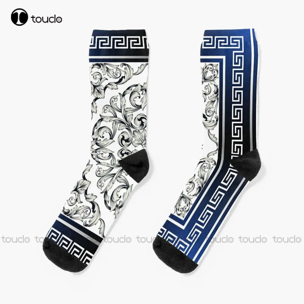 White Blue Greek Meander Baroque Socks Football Socks Youth Boys Personalized Custom Unisex Adult Teen Youth Socks Custom Gift