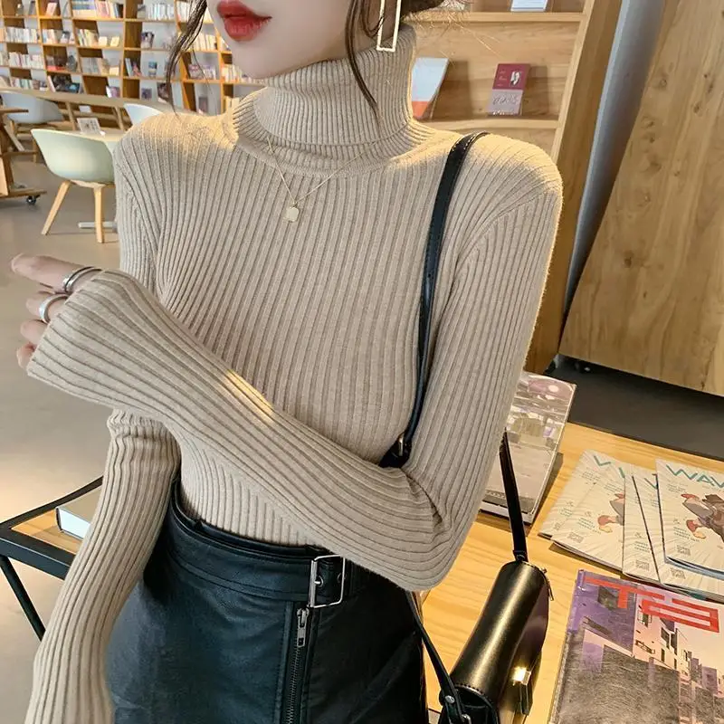 High Neck Pullover Sweater Women Solid Backing Shirt Slim Long Sleeve Casual Autumn and Winter Pullover Sweater Female Tops