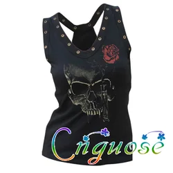 Female Clothing Summer Casual Rock Kill Matt Punk Retro Style Big Skull Pattern Printed Camisole Sexy Black Vest for Womens