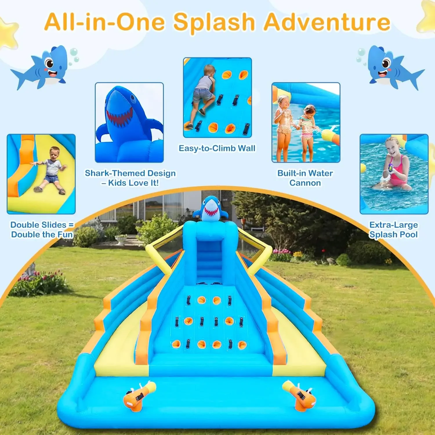 

Inflatable Water Slide, 13FT Shark-Themed Large Bounce House with Dual Slides, Climbing Wall, Deep Pool, Water Cannon, 680W Blow