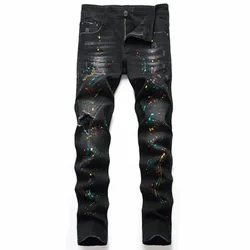 High Quality Men Casual Black Jeans Paint Slim Straight Hole Biker Jeans Autumn Jean Homme Male Denim Pants Plus Size