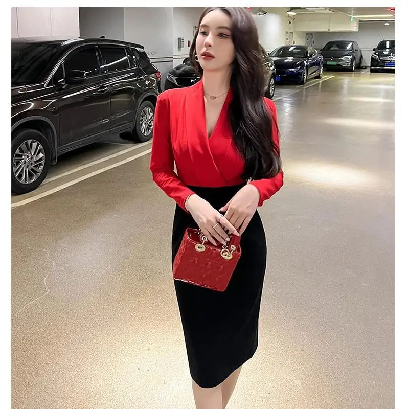 Spring Elegant Midi Dresses for Women Office Lady OL Profession Dress Red Black Panelled Slim Vestido Business Robe Female