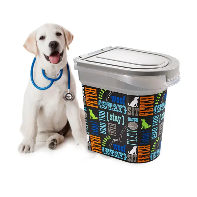 

Hot Sale Cheap IML Pet Food Storage Plastic Container 15kg With Dog Bowls Dog Cat Pet Food Packaging Container