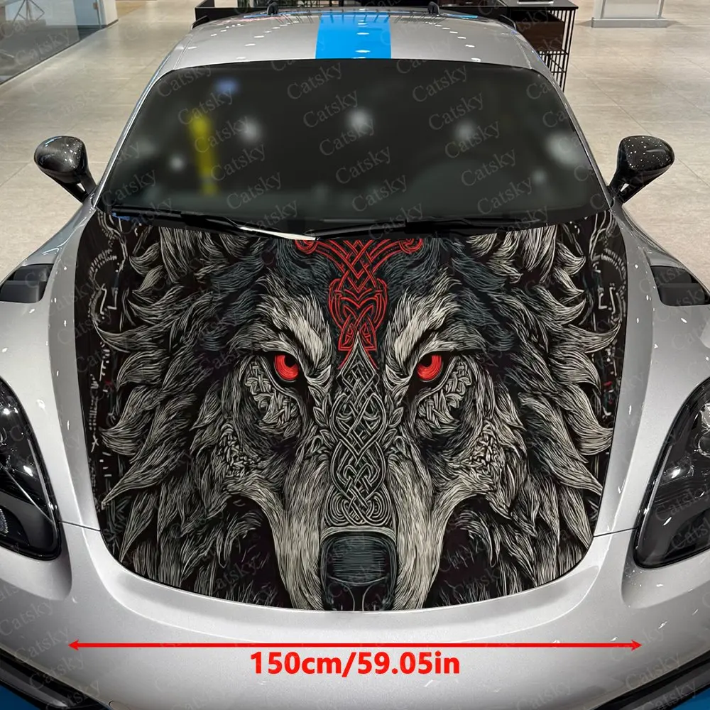 Red-Eyed Wolves Car Vinyl Wrap, PVC Waterproof Car Hood Sticker, Self-Adhesive Scratch-Resistant Stickers