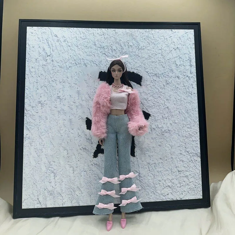 1/6 BJD Supermodel Puppe Kleidung Mode Süße Winter Plüsch Jacke + Weste + Schleife Hosen Set Für 30 cm Puppe Täglichen Dress Up