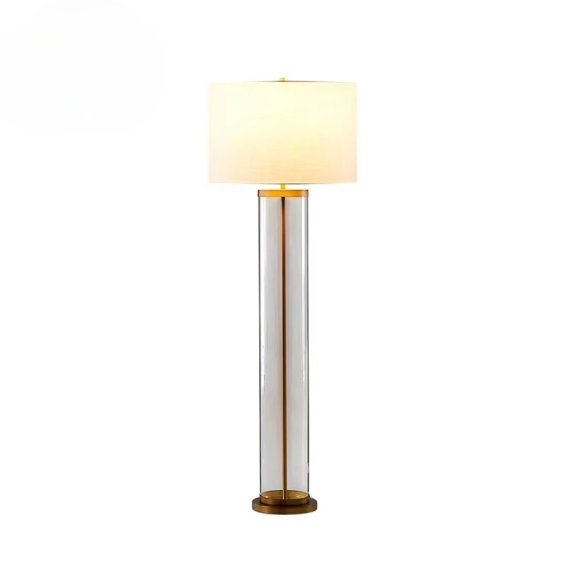 Brass Floor Light Modern Luxury Hotel Glass Cylinder Linen Shade LED Walkway Floor Light