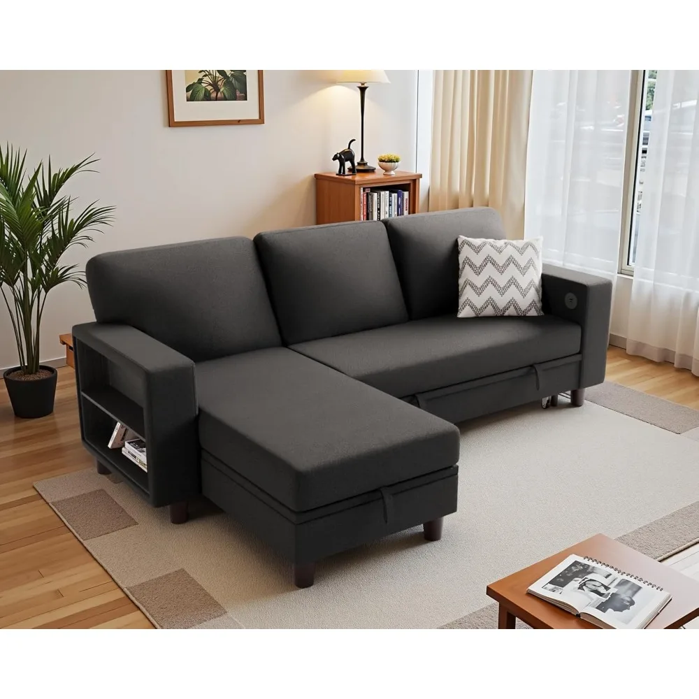 Sleeper Sofa Bed, L Shaped Sectional Convertible Couch with Storage Chaise, USB Charging Ports & 2 Built-in Bookshelves