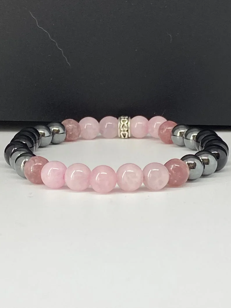 Black Tourmaline, Hematite, Rose Quartz & Lepidolite Bracelet/Healing, Depression, Anxiety, Protection, Empath