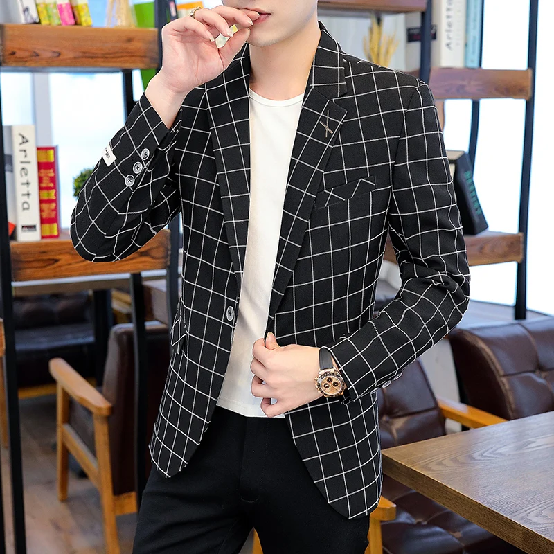 

Spring Men's Fashion Business Cultivate One's Morality Leisure Checkered Pattern Gentleman's Wedding Presided Over Work Blazer