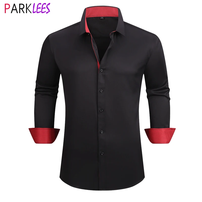 

Mens Black Patchwork Wrinkle Free Dress Shirts 2024 Brand New Formal Casual Button Down Shirt Men Business Wedding Chemise Homme