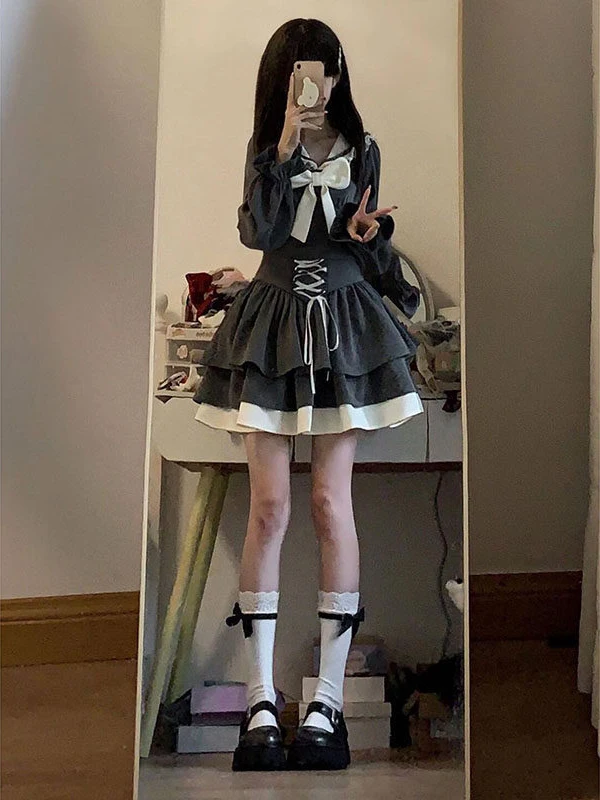 

Корейский модный комплект: юбка с высокой талией и топ с темно-синим воротником-бантом, короткий рукав, женский модный ансамбль