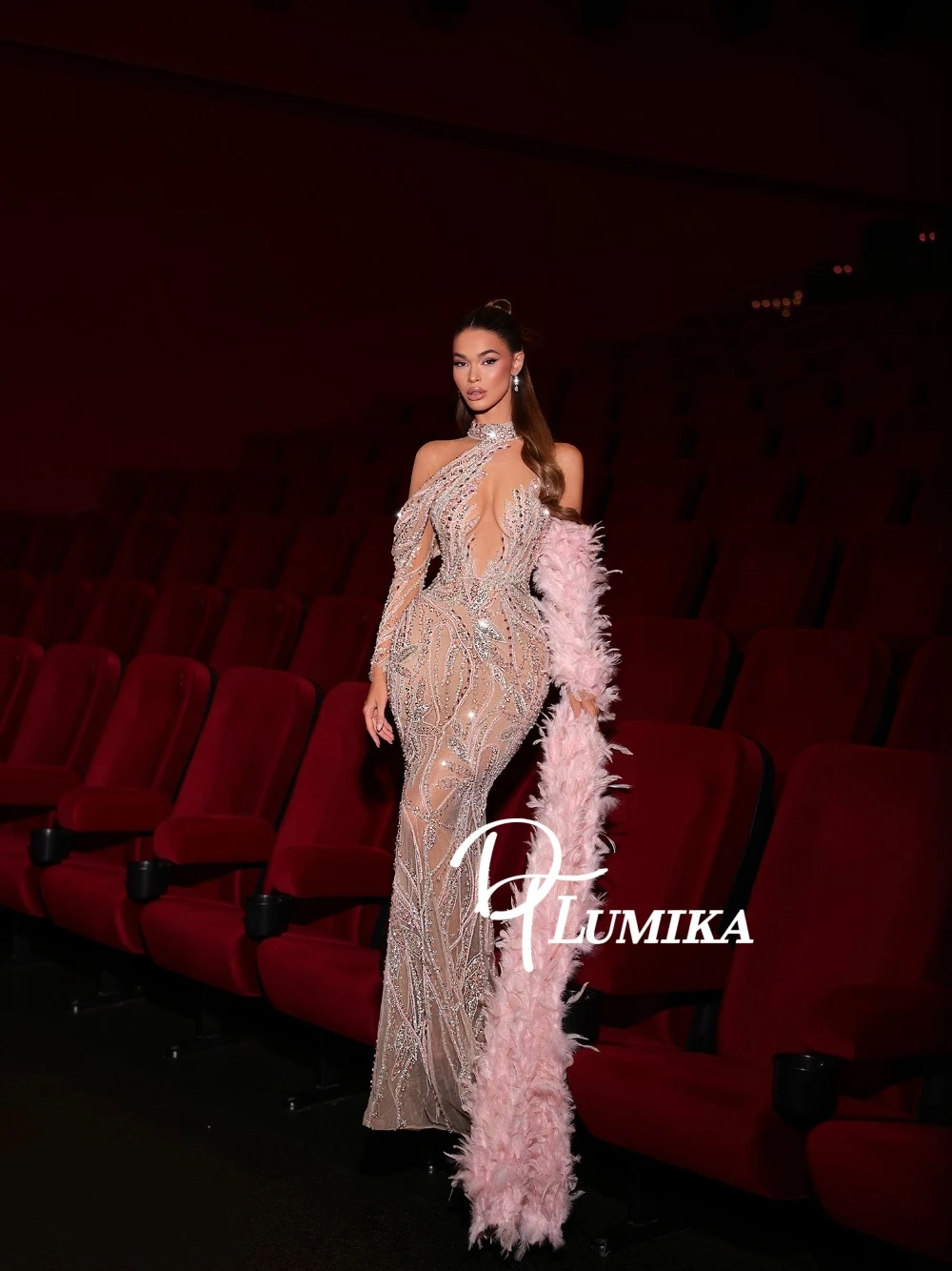 

Unique High Neck Beaded Rhinestone Sheer Mesh Prom Dress Long Pink Feather Trim Sexy Gown For Evening Gala & Special Occasions