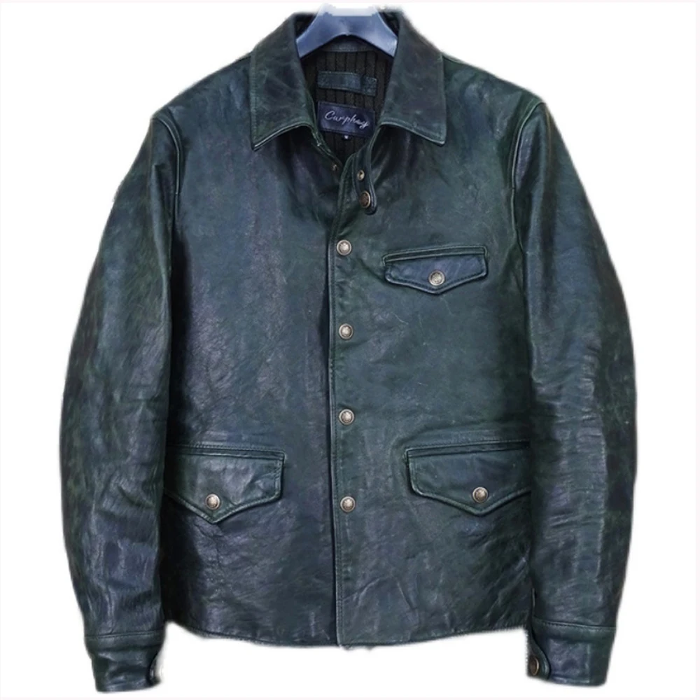 Fashion Vintage Mans Horseskin Travaling Jacket Green Color Plus 5XL Genuine Leather Mens Suit Coat  European Winter Overcoats